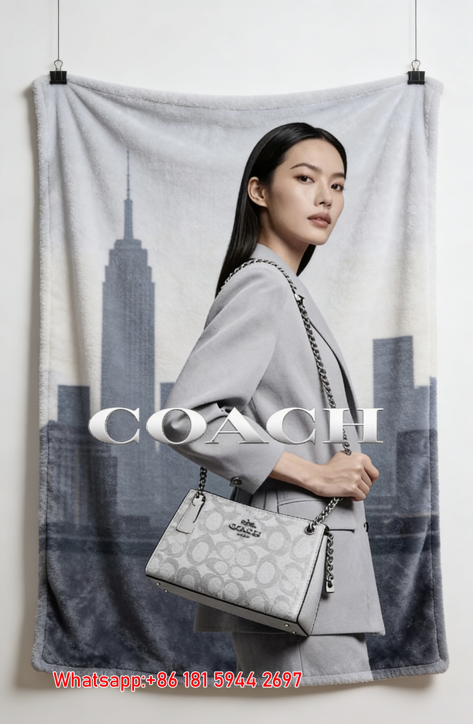 Coach Signature Chain Shoulder Bag City Skyline Flannel Throw Blanket for Sofa and Wall Decor C370